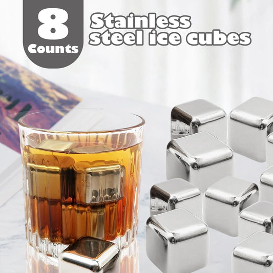 8 Counts Whiskey Stones Gift Set with Tongs, Reusable Stainless Steel Quick Chilling Rocks for Scotch, Bourbon, Cocktails
