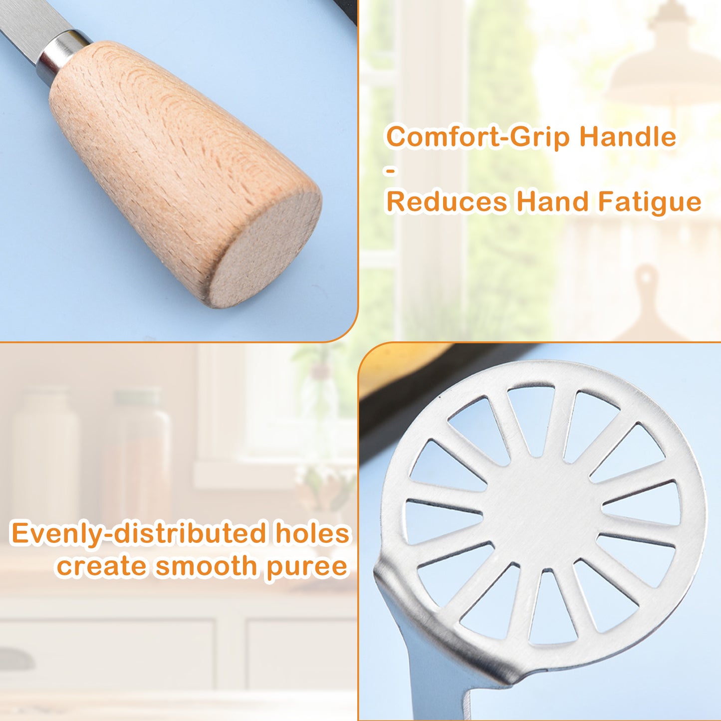 2 Counst Mini Potato Masher, Stainless Steel Masher with Wood Non Slip Handle, Avocado Bean Vegetable Masher for Kitchen