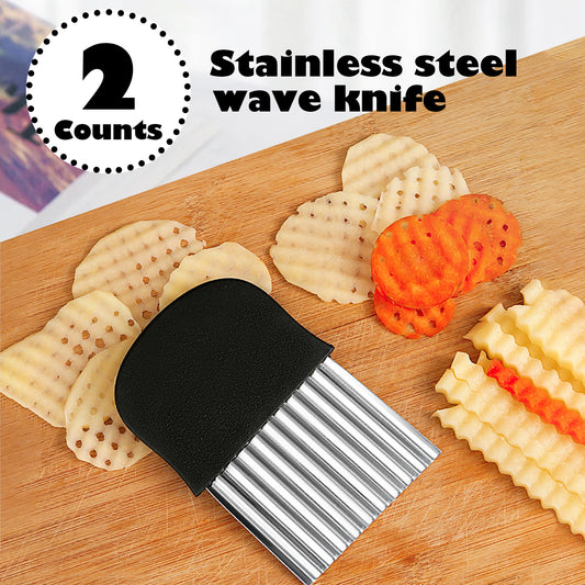 2 Counts Crinkle Cutter, Stainless Steel French Fry Cutter for Potatoes, Chip Vegetable Crinkle Wavy Slicer for Potato Carrot