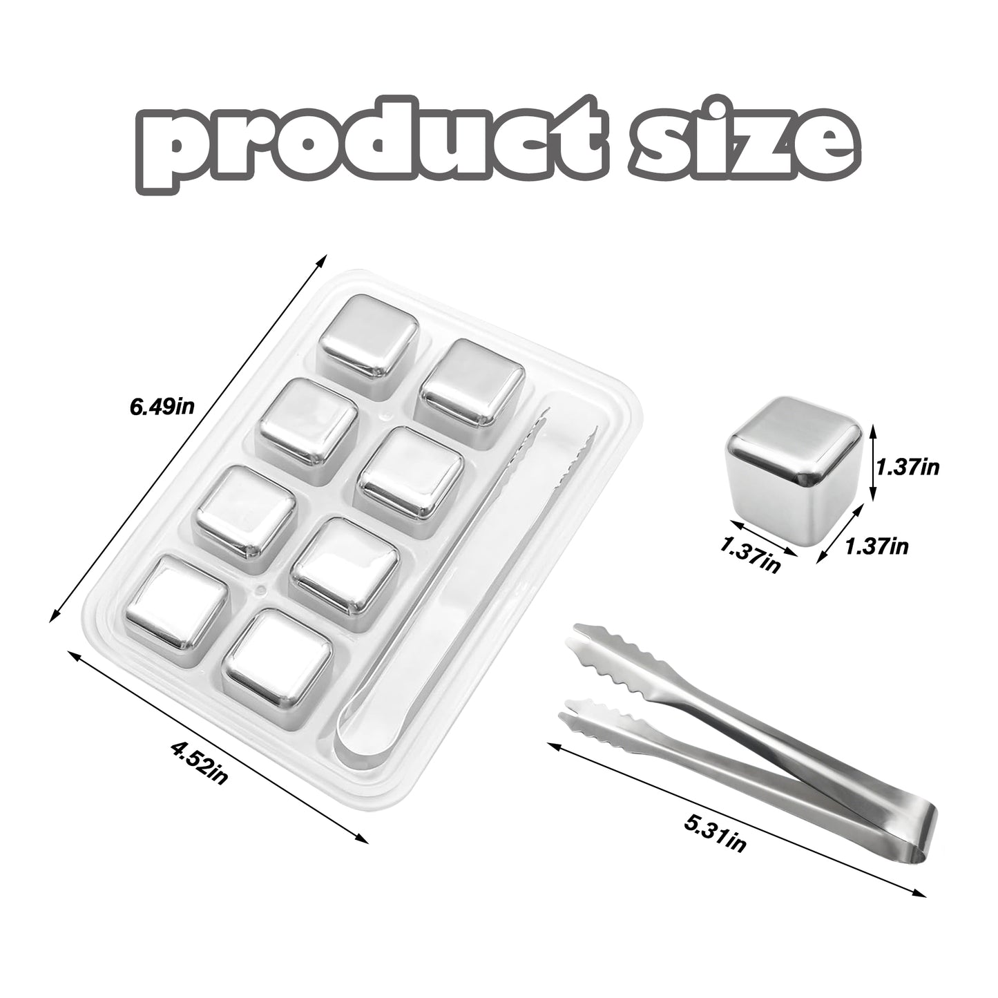 8 Counts Whiskey Stones Gift Set with Tongs, Reusable Stainless Steel Quick Chilling Rocks for Scotch, Bourbon, Cocktails