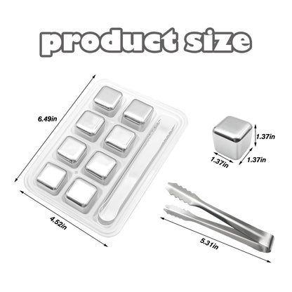 8 Counts Whiskey Stones Gift Set with Tongs, Reusable Stainless Steel Quick Chilling Rocks for Scotch, Bourbon, Cocktails